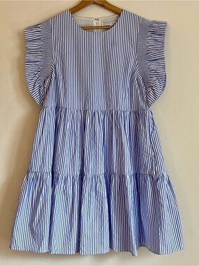 English Factory Blue and White Striped Tiered Dress with Ruffle Sleeves